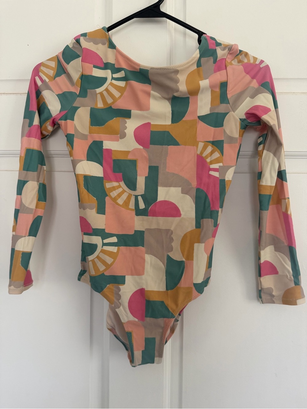 Abstract Geometric ONEILL Long Sleeve swimsuit in Pink, Teal & Mustard